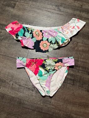 Trina Turk Floral Off-Shoulder Bikini in Black, Pink, Green & Lavender